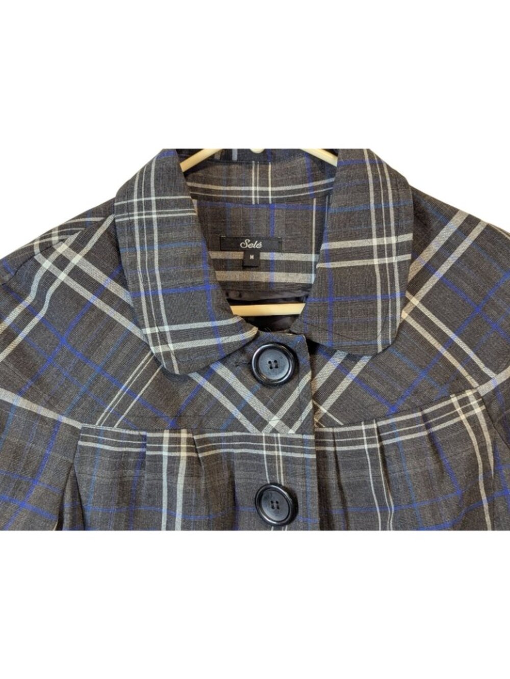 Sele M Charcoal Plaid Cropped Jacket Swing 3 Button 3/4 Sleeve Vintage Preppy - Picture 2 of 15